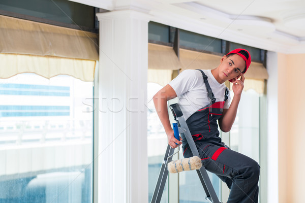 [[stock_photo]]: Jeunes · peintre · peinture · plafond · construction · mur