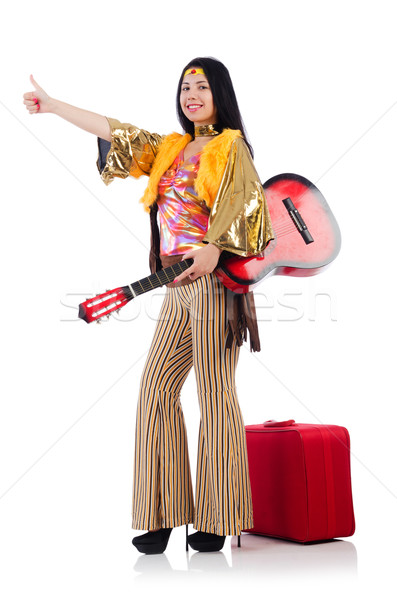 Travelling musician with suitcase and guitar Stock photo © Elnur