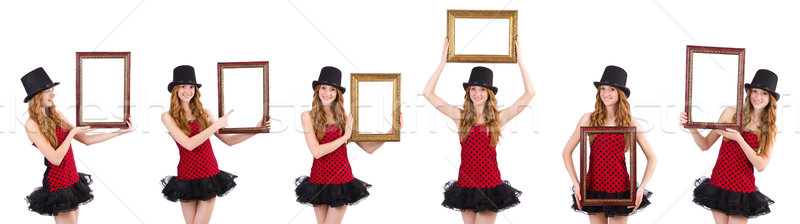 Pretty girl in red polka dot   dress with picture frame  isolate Stock photo © Elnur