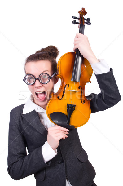 Foto stock: Engraçado · mulher · jogar · violino · isolado · branco