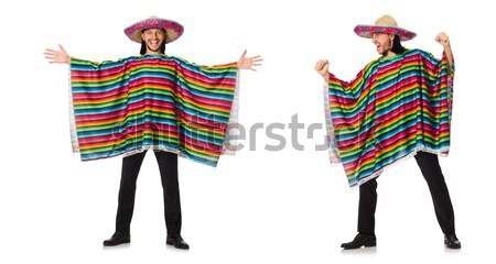 stock photo: mexican in vivid poncho holding guitar isolated on