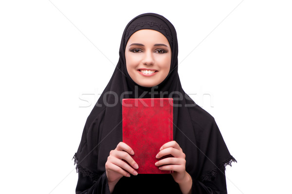 Stockfoto: Moslim · vrouw · zwarte · jurk · geïsoleerd · witte · boeken