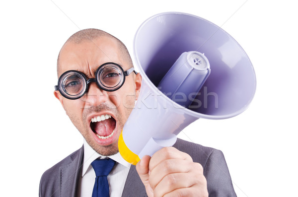 Funny man with loudspeaker on white Stock photo © Elnur