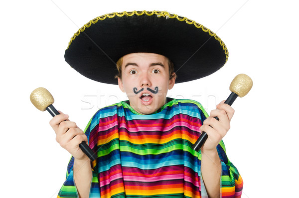 Funny young mexican shaking maracas isolated on white Stock photo © Elnur