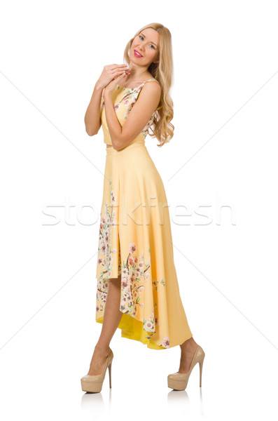 Stock photo: Blond girl in charming dress with flower prints isolated on whit