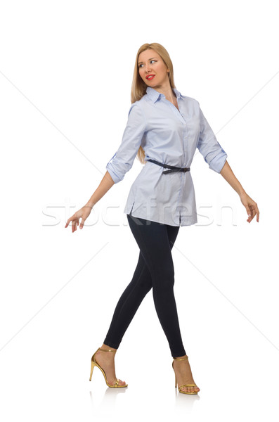 Foto stock: Mulher · azul · blusa · isolado · branco · caminhada