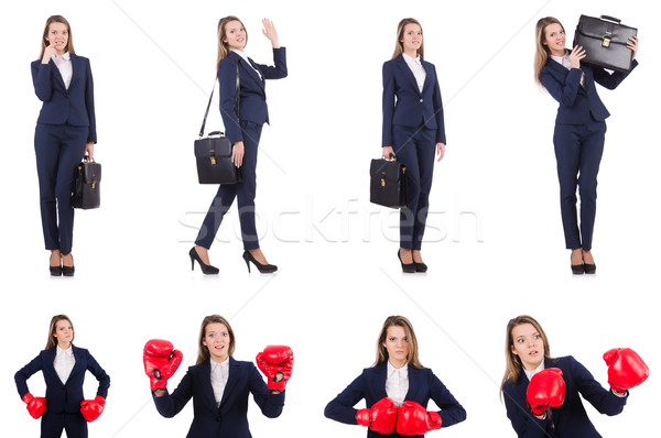 Stock photo: The woman businesswoman with boxing gloves on white