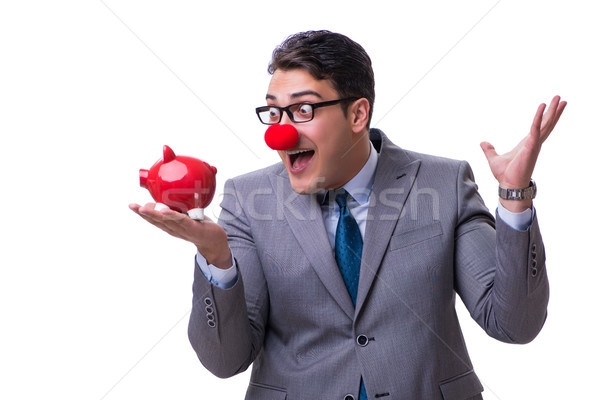 Funny clown businessman with a piggy bank isolated on white back Stock photo © Elnur