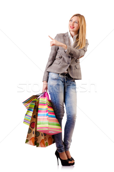 Attractive woman after christmas shopping on white Stock photo © Elnur