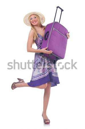 [[stock_photo]]: Femme · rouge · cas · isolé · blanche · affaires