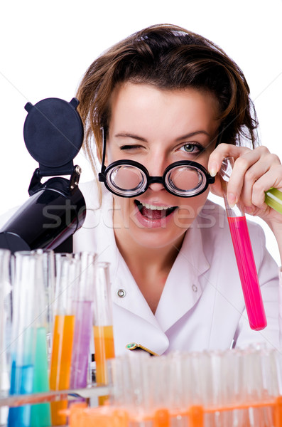 Crazy woman chemist in lab Stock photo © Elnur