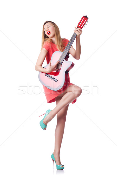 Zdjęcia stock: Kobieta · gry · gitara · odizolowany · biały · muzyki