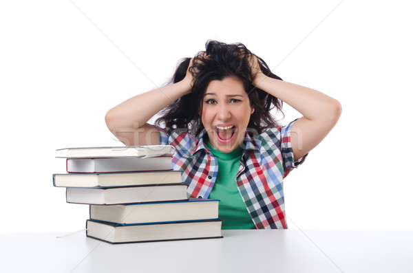 Foto stock: Cansado · estudante · livros · didáticos · branco · sorrir · livros