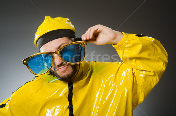 Férfi visel citromsárga öltöny vicces buli Stock fotó © Elnur