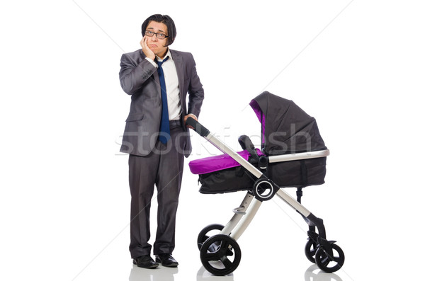 Funny dad with baby and pram on white Stock photo © Elnur