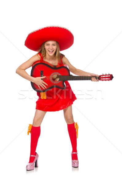 Frau Sombrero spielen Gitarre weiß Musik Stock foto © Elnur