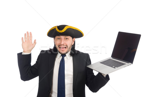 Pirate businessman holding laptop isolated on white Stock photo © Elnur