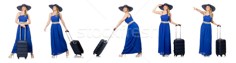 Fiatal nő kék ruha bőrönd izolált fehér Stock fotó © Elnur
