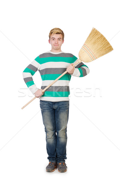 Funny man with mop isolated on white Stock photo © Elnur