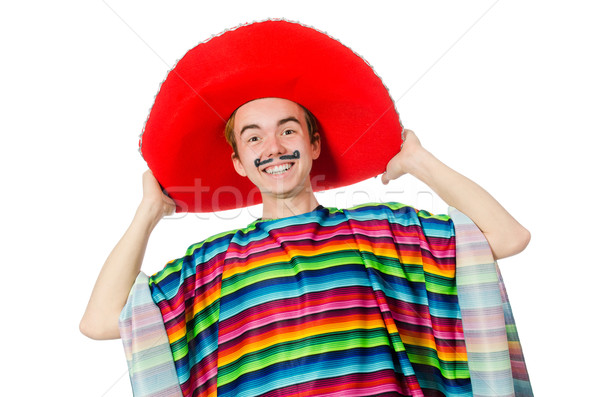 Funny young mexican with false moustache isolated on white Stock photo © Elnur
