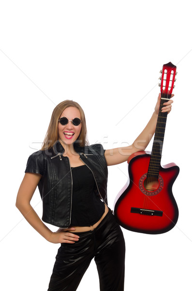 Stockfoto: Jonge · vrouw · gitaar · geïsoleerd · witte · muziek · gelukkig