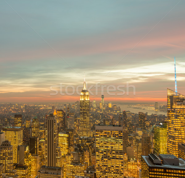 [[stock_photo]]: Vue · New · York · Manhattan · coucher · du · soleil · affaires · ciel