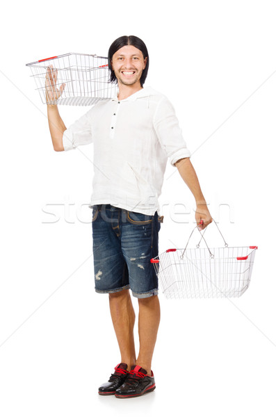 Imagine de stoc: Om · cumpărături · supermarket · coş · coş · izolat
