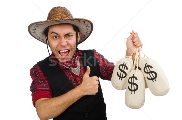 商業照片: 年輕 · 牛仔 · 錢 · 袋 · 孤立 · 白