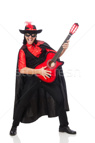 Stockfoto: Jonge · man · carnaval · jas · gitaar · geïsoleerd · witte