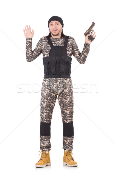 Stock photo: Young man in military uniform holding gun isolated on white