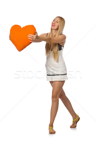 Young caucasian woman holding orange cushion isolated on white Stock photo © Elnur