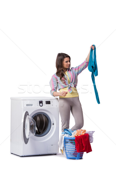 Foto stock: Mulher · cansado · lavanderia · isolado · branco · casa