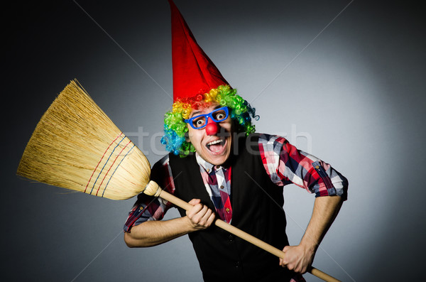 Funny clown miotła zabawy pracownika makijaż Zdjęcia stock © Elnur