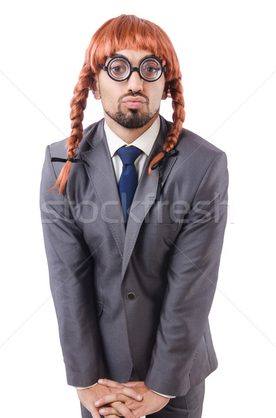 Foto stock: Engraçado · empresário · feminino · peruca · isolado · branco