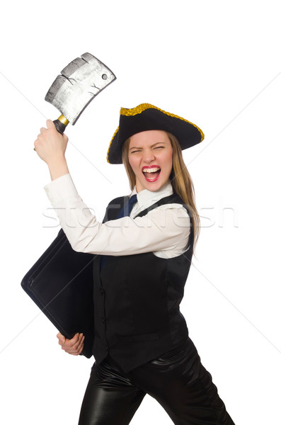 Pretty pirate girl holding case and chopper isolated on white Stock photo © Elnur