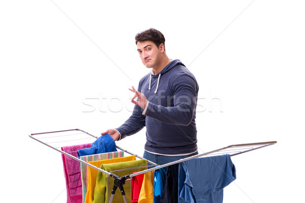 Foto stock: Marido · homem · lavanderia · isolado · branco · sorrir