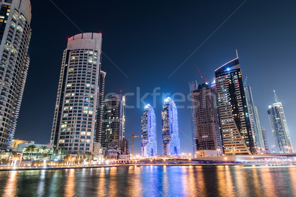 Stockfoto: Dubai · jachthaven · wolkenkrabbers · nacht · hemel · water