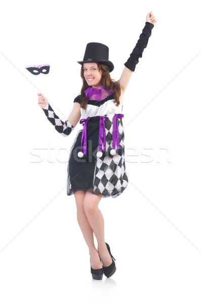 Stock photo: Pretty girl in jester costume with mask  isolated on white