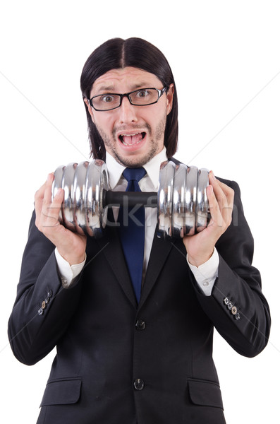 Foto stock: Jóvenes · empresario · barra · con · pesas · aislado · blanco