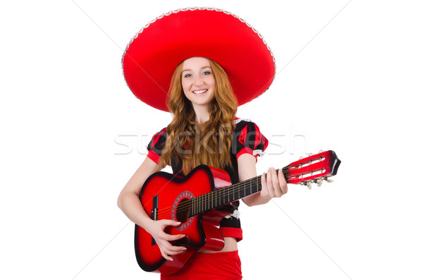 Nő gitáros szombréró fehér buli gitár Stock fotó © Elnur