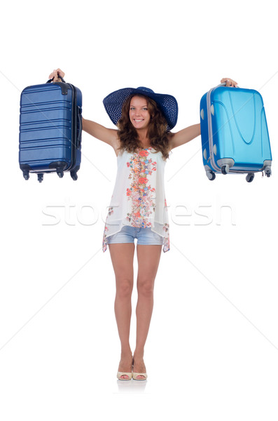 Stock photo: Woman traveller with suitcase isolated on white