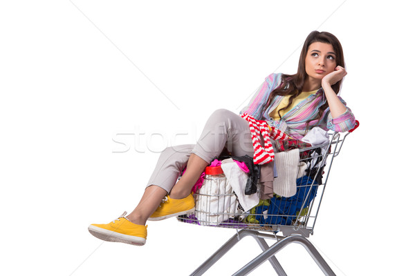 Foto stock: Mulher · compra · segundo · mão · roupa · branco