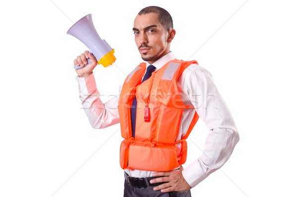 [[stock_photo]]: Homme · gilet · de · sauvetage · isolé · homme · blanc · blanche · bureau