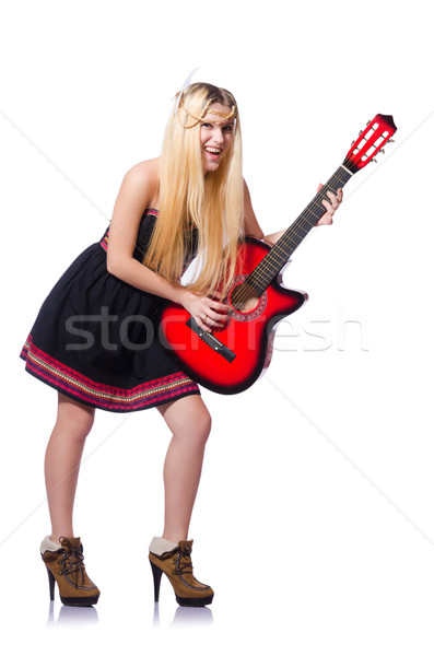 Foto stock: Guitarrista · mujer · aislado · blanco · música · fiesta