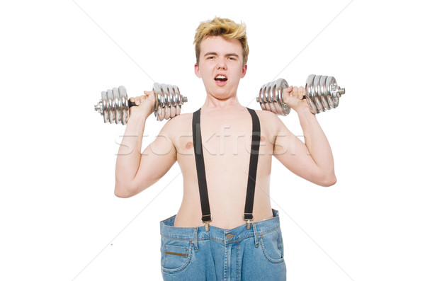 Funny man with dumbbells on white Stock photo © Elnur