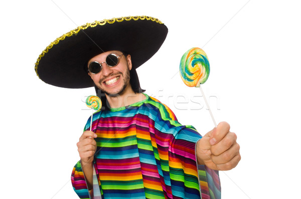 Handsome man in vivid poncho holding lollypop isolated on white Stock photo © Elnur