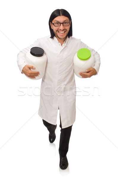 Funny doctor with protein jars isolated on white Stock photo © Elnur