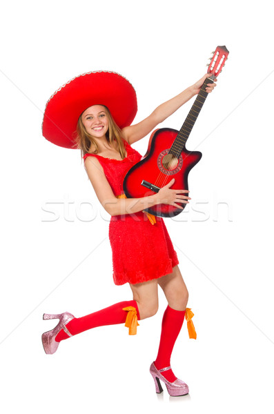 [[stock_photo]]: Femme · sombrero · jouer · guitare · blanche · musique