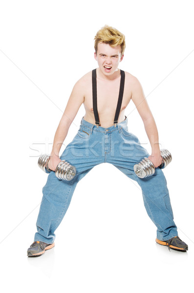 Funny man with dumbbells on white Stock photo © Elnur