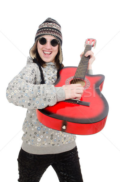 Young optimistic girl holding guitar isolated on white Stock photo © Elnur
